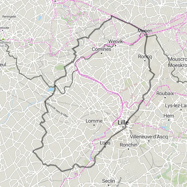 Map miniature of "Grand Scenic Loop from Aubers" cycling inspiration in Nord-Pas de Calais, France. Generated by Tarmacs.app cycling route planner