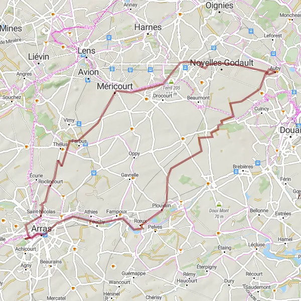 Miniature de la carte de l'inspiration cycliste "Circuit vallonné Arras-Courcelles-lès-Lens" dans la Nord-Pas de Calais, France. Générée par le planificateur d'itinéraire cycliste Tarmacs.app