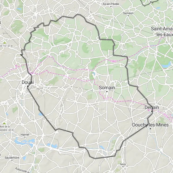 Miniature de la carte de l'inspiration cycliste "Boucle Moncheaux-Douai" dans la Nord-Pas de Calais, France. Générée par le planificateur d'itinéraire cycliste Tarmacs.app