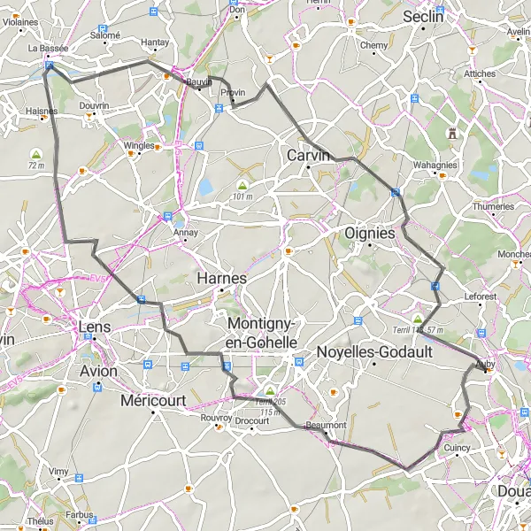 Miniature de la carte de l'inspiration cycliste "Le Tour du Bassin Minier" dans la Nord-Pas de Calais, France. Générée par le planificateur d'itinéraire cycliste Tarmacs.app