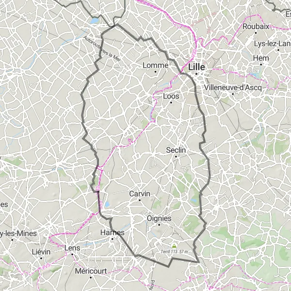 Map miniature of "Valleys and Pitheads" cycling inspiration in Nord-Pas de Calais, France. Generated by Tarmacs.app cycling route planner