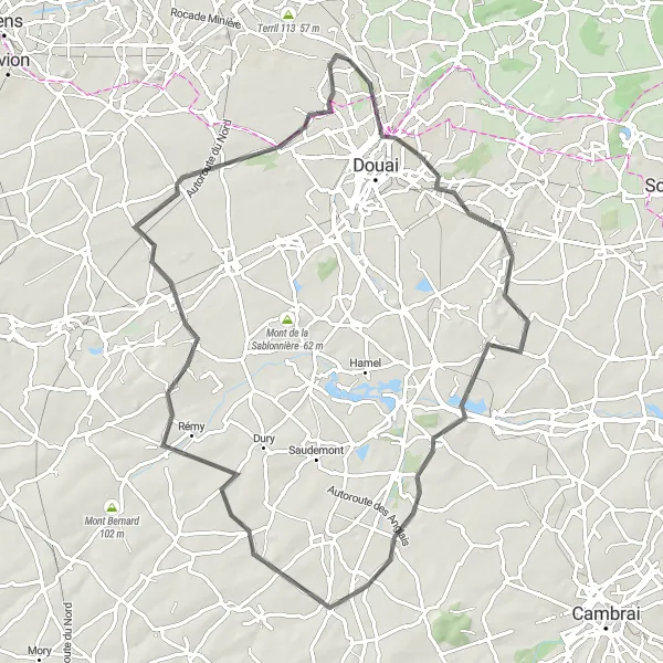 Miniature de la carte de l'inspiration cycliste "Les Vallées de l'Escaut" dans la Nord-Pas de Calais, France. Générée par le planificateur d'itinéraire cycliste Tarmacs.app