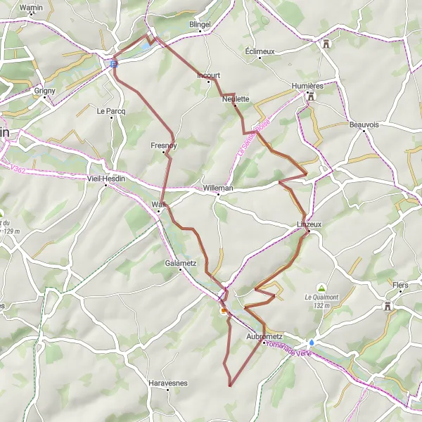 Map miniature of "From Auchy-lès-Hesdin to Rollancourt on Gravel Roads" cycling inspiration in Nord-Pas de Calais, France. Generated by Tarmacs.app cycling route planner