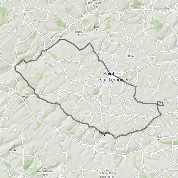 Miniature de la carte de l'inspiration cycliste "Le Tour des Collines et Vallées" dans la Nord-Pas de Calais, France. Générée par le planificateur d'itinéraire cycliste Tarmacs.app