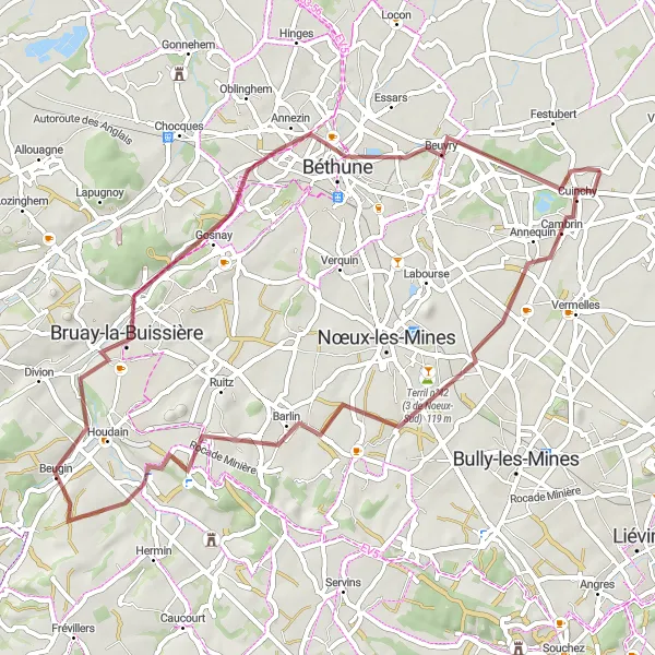 Miniature de la carte de l'inspiration cycliste "Boucle de la vallée minière" dans la Nord-Pas de Calais, France. Générée par le planificateur d'itinéraire cycliste Tarmacs.app