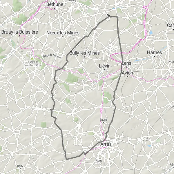 Miniature de la carte de l'inspiration cycliste "Sur les Chemins d'Arras" dans la Nord-Pas de Calais, France. Générée par le planificateur d'itinéraire cycliste Tarmacs.app