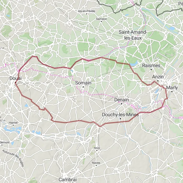 Miniature de la carte de l'inspiration cycliste "Itinéraire de 86 km sur chemin de gravier autour d'Aulnoy-lez-Valenciennes" dans la Nord-Pas de Calais, France. Générée par le planificateur d'itinéraire cycliste Tarmacs.app