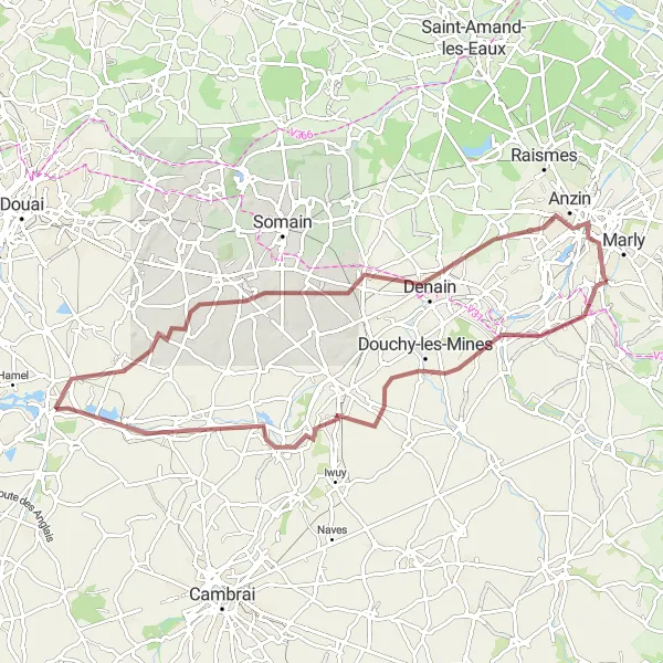 Map miniature of "Gravel Cycling Loop from Aulnoy-lez-Valenciennes" cycling inspiration in Nord-Pas de Calais, France. Generated by Tarmacs.app cycling route planner