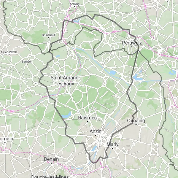 Miniature de la carte de l'inspiration cycliste "Randonnée de 80 km au départ d'Aulnoy-lez-Valenciennes" dans la Nord-Pas de Calais, France. Générée par le planificateur d'itinéraire cycliste Tarmacs.app