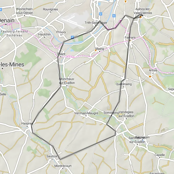 Miniature de la carte de l'inspiration cycliste "Parcours de 32 km autour d'Aulnoy-lez-Valenciennes" dans la Nord-Pas de Calais, France. Générée par le planificateur d'itinéraire cycliste Tarmacs.app