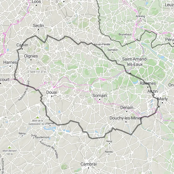 Map miniature of "Haute Valenciennes Loop" cycling inspiration in Nord-Pas de Calais, France. Generated by Tarmacs.app cycling route planner