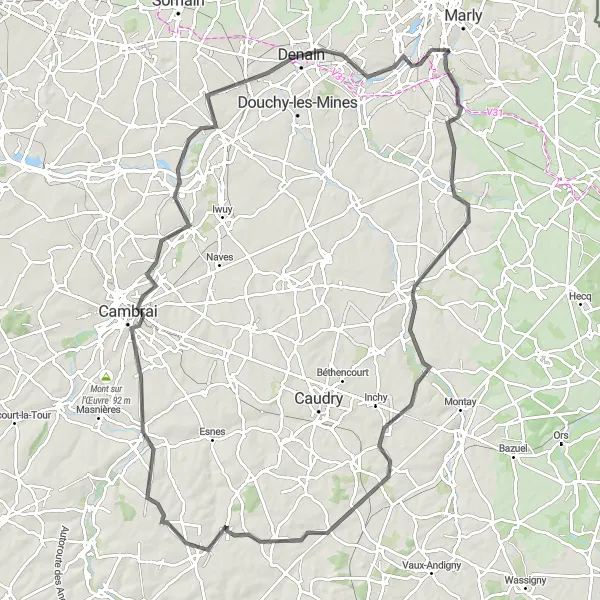 Miniature de la carte de l'inspiration cycliste "Boucle de 106 km au départ d'Aulnoy-lez-Valenciennes" dans la Nord-Pas de Calais, France. Générée par le planificateur d'itinéraire cycliste Tarmacs.app