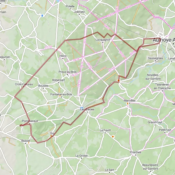 Map miniature of "Landrecies and Forest-en-Cambrésis Gravel Ride" cycling inspiration in Nord-Pas de Calais, France. Generated by Tarmacs.app cycling route planner