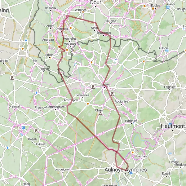 Miniature de la carte de l'inspiration cycliste "Boucle autour d'Aulnoye-Aymeries" dans la Nord-Pas de Calais, France. Générée par le planificateur d'itinéraire cycliste Tarmacs.app