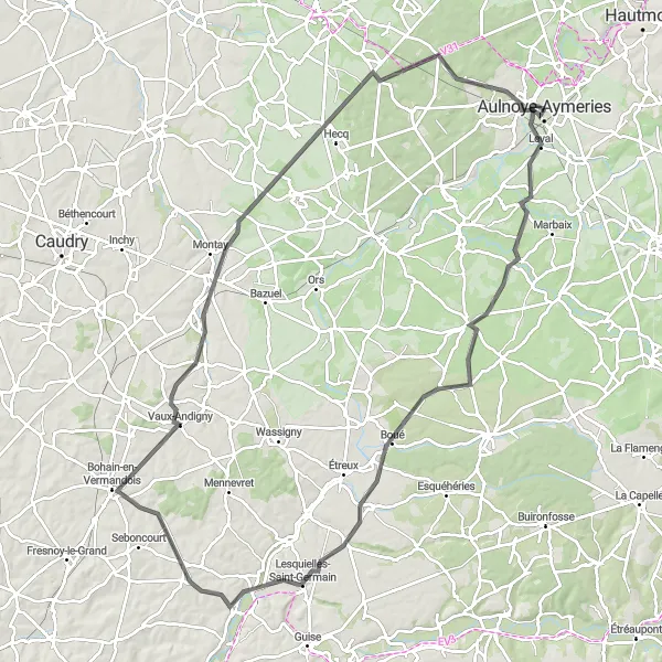 Map miniature of "The Road Cycling Challenge" cycling inspiration in Nord-Pas de Calais, France. Generated by Tarmacs.app cycling route planner