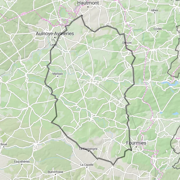 Miniature de la carte de l'inspiration cycliste "Vers les villages pittoresques du Nord-Pas de Calais" dans la Nord-Pas de Calais, France. Générée par le planificateur d'itinéraire cycliste Tarmacs.app