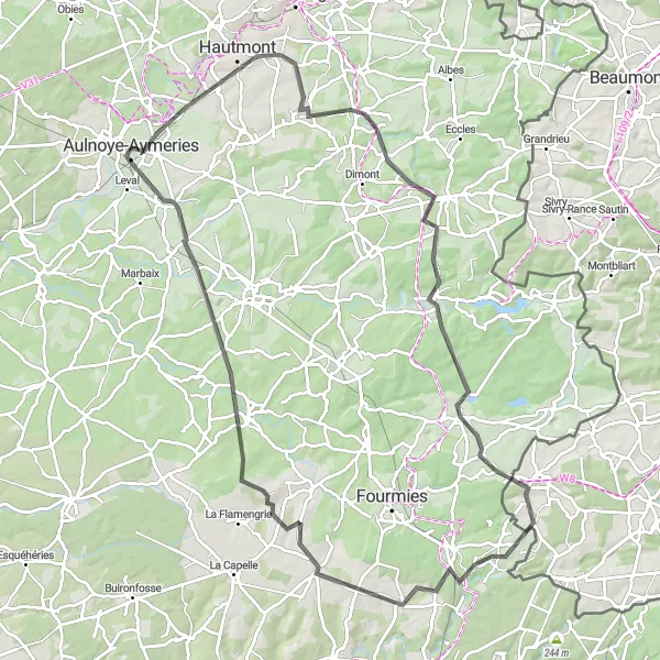 Miniature de la carte de l'inspiration cycliste "Parcours routier à travers les villages pittoresques" dans la Nord-Pas de Calais, France. Générée par le planificateur d'itinéraire cycliste Tarmacs.app