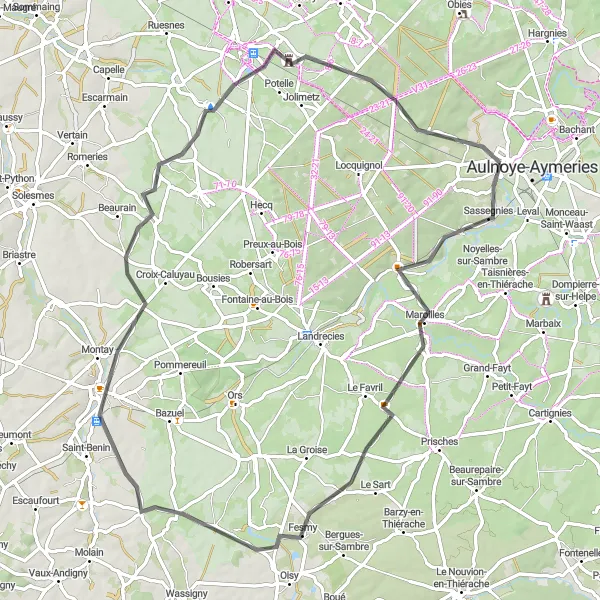 Map miniature of "Sassegnies and Maroilles Road Adventure" cycling inspiration in Nord-Pas de Calais, France. Generated by Tarmacs.app cycling route planner