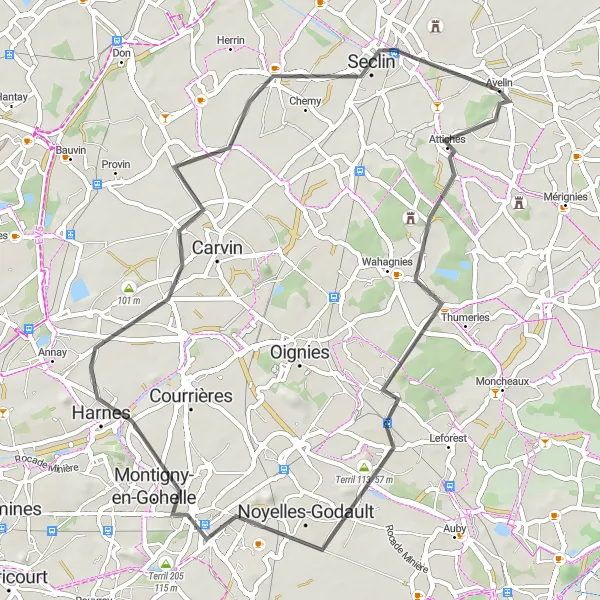 Miniature de la carte de l'inspiration cycliste "Parcours entre les villes" dans la Nord-Pas de Calais, France. Générée par le planificateur d'itinéraire cycliste Tarmacs.app
