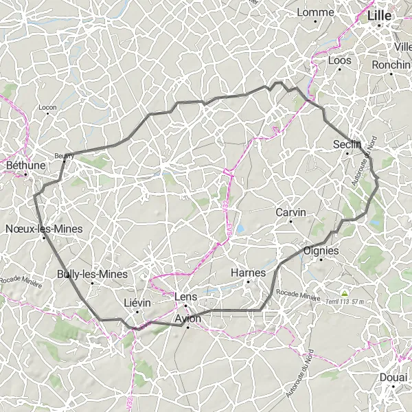 Map miniature of "Courrières to Avelin Loop" cycling inspiration in Nord-Pas de Calais, France. Generated by Tarmacs.app cycling route planner