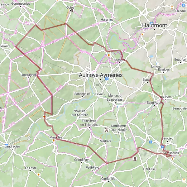 Map miniature of "Gravel Adventure to Avesnes-sur-Helpe" cycling inspiration in Nord-Pas de Calais, France. Generated by Tarmacs.app cycling route planner