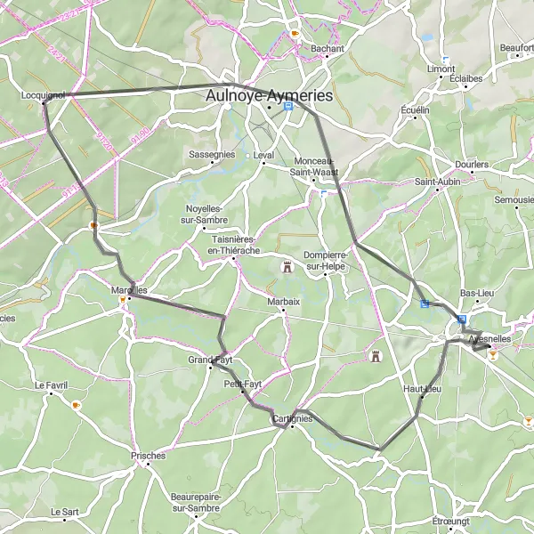 Miniature de la carte de l'inspiration cycliste "Boucle à vélo vers Locquignol" dans la Nord-Pas de Calais, France. Générée par le planificateur d'itinéraire cycliste Tarmacs.app