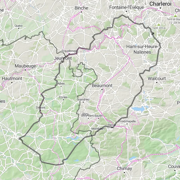 Miniature de la carte de l'inspiration cycliste "Circuit épique de Beugnies à Trélon" dans la Nord-Pas de Calais, France. Générée par le planificateur d'itinéraire cycliste Tarmacs.app