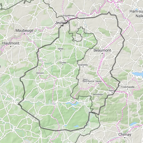Miniature de la carte de l'inspiration cycliste "Circuit autour d'Avesnelles via Damousies et Trélon" dans la Nord-Pas de Calais, France. Générée par le planificateur d'itinéraire cycliste Tarmacs.app
