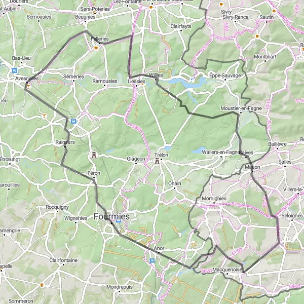 Miniature de la carte de l'inspiration cycliste "Parcours entre Willies et Féron" dans la Nord-Pas de Calais, France. Générée par le planificateur d'itinéraire cycliste Tarmacs.app