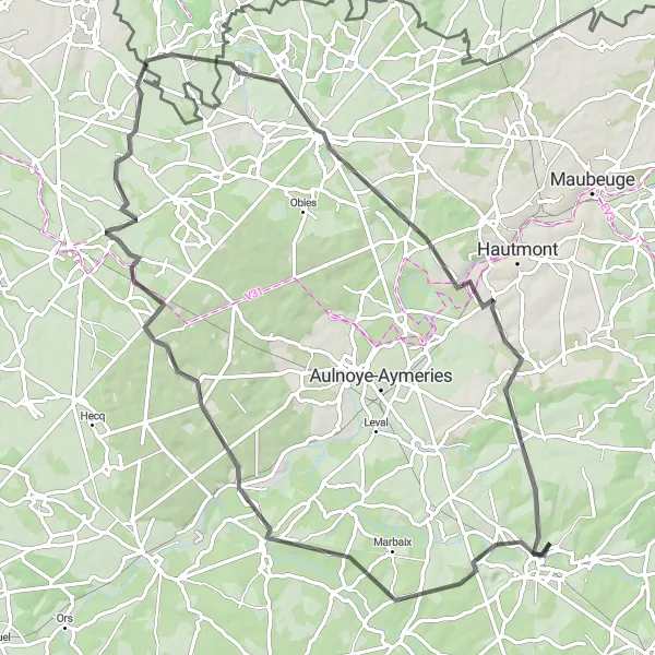 Miniature de la carte de l'inspiration cycliste "Parcours cycliste rural autour de Saint-Hilaire-sur-Helpe" dans la Nord-Pas de Calais, France. Générée par le planificateur d'itinéraire cycliste Tarmacs.app
