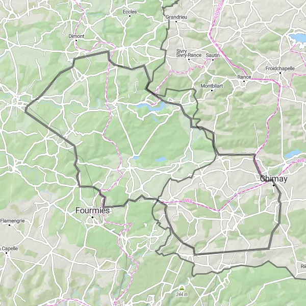Map miniature of "Rural Retreat to Chimay" cycling inspiration in Nord-Pas de Calais, France. Generated by Tarmacs.app cycling route planner