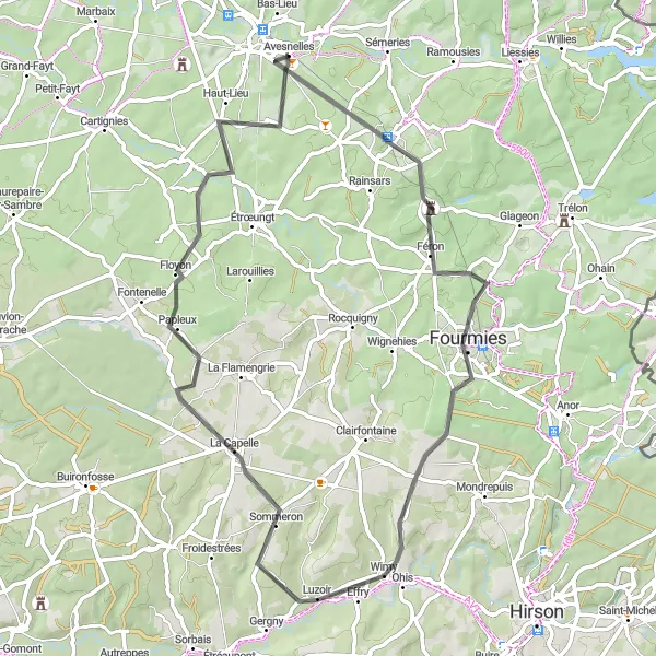 Map miniature of "Féron Landscape Ride" cycling inspiration in Nord-Pas de Calais, France. Generated by Tarmacs.app cycling route planner