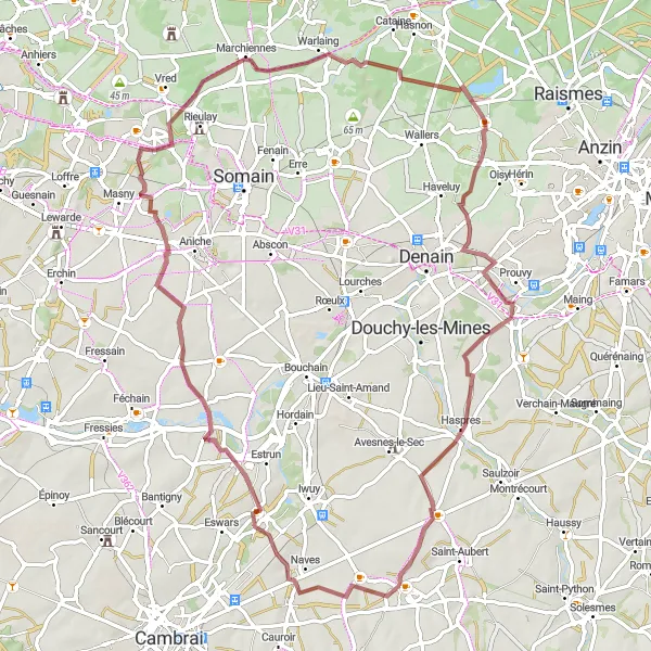 Map miniature of "Gravel Tour around Avesnes-les-Aubert and its Surroundings" cycling inspiration in Nord-Pas de Calais, France. Generated by Tarmacs.app cycling route planner