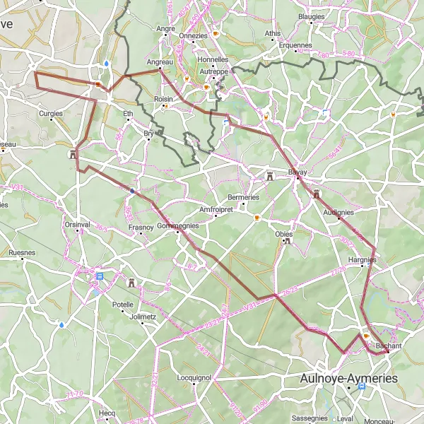 Map miniature of "The Gommegnies Gravel Route" cycling inspiration in Nord-Pas de Calais, France. Generated by Tarmacs.app cycling route planner