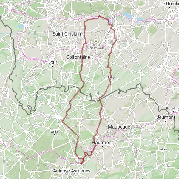 Miniature de la carte de l'inspiration cycliste "Parcours gravel entre Audignies et Boussières-sur-Sambre" dans la Nord-Pas de Calais, France. Générée par le planificateur d'itinéraire cycliste Tarmacs.app