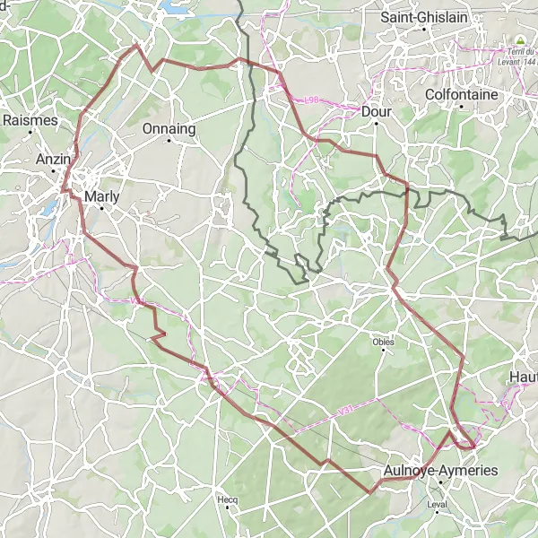 Miniature de la carte de l'inspiration cycliste "Parcours en gravier autour de Bachant" dans la Nord-Pas de Calais, France. Générée par le planificateur d'itinéraire cycliste Tarmacs.app