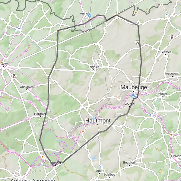 Map miniature of "Pont-sur-Sambre to Bachant" cycling inspiration in Nord-Pas de Calais, France. Generated by Tarmacs.app cycling route planner