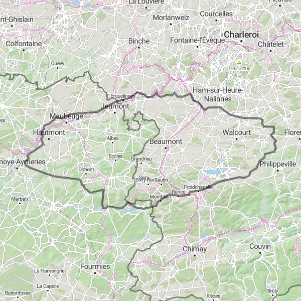 Miniature de la carte de l'inspiration cycliste "Parcours routier jusqu'à Bachant" dans la Nord-Pas de Calais, France. Générée par le planificateur d'itinéraire cycliste Tarmacs.app