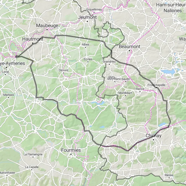 Miniature de la carte de l'inspiration cycliste "Exploration de Chimay et Avesnelles" dans la Nord-Pas de Calais, France. Générée par le planificateur d'itinéraire cycliste Tarmacs.app