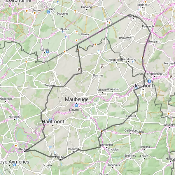 Map miniature of "Feignies to Bachant" cycling inspiration in Nord-Pas de Calais, France. Generated by Tarmacs.app cycling route planner