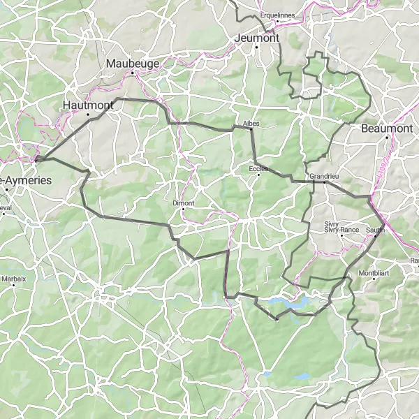 Map miniature of "The Hautmont Road Expedition" cycling inspiration in Nord-Pas de Calais, France. Generated by Tarmacs.app cycling route planner