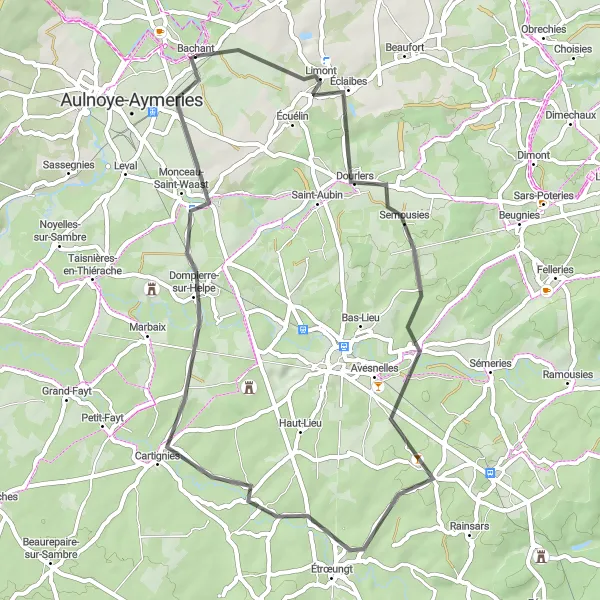 Map miniature of "Dourlers to Dompierre-sur-Helpe" cycling inspiration in Nord-Pas de Calais, France. Generated by Tarmacs.app cycling route planner