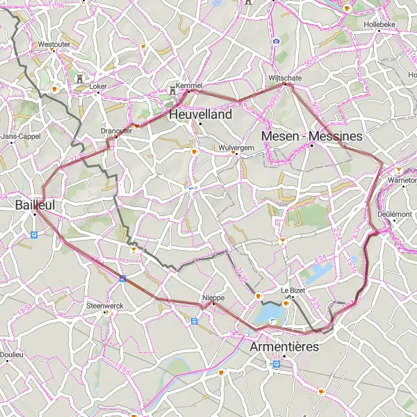 Miniature de la carte de l'inspiration cycliste "Circuit de Gravel Kemmelberg" dans la Nord-Pas de Calais, France. Générée par le planificateur d'itinéraire cycliste Tarmacs.app