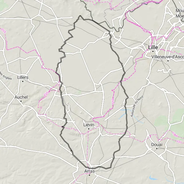 Miniature de la carte de l'inspiration cycliste "Lille - Arras - Neuf-Berquin Cycling Route" dans la Nord-Pas de Calais, France. Générée par le planificateur d'itinéraire cycliste Tarmacs.app