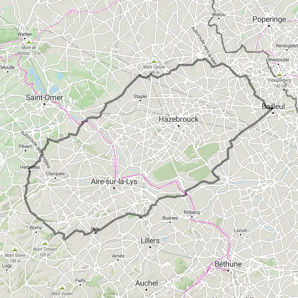 Miniature de la carte de l'inspiration cycliste "Tour de Vieux-Berquin à Mont des Cats" dans la Nord-Pas de Calais, France. Générée par le planificateur d'itinéraire cycliste Tarmacs.app