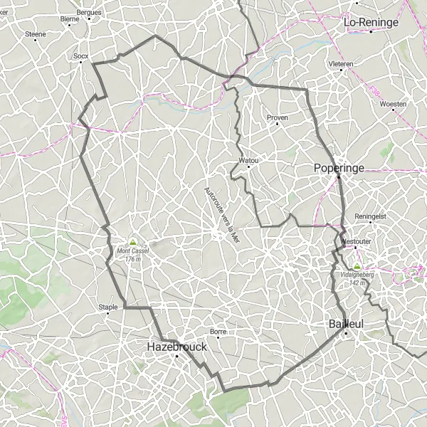 Miniature de la carte de l'inspiration cycliste "Bailleul - Rexpoëde - Krombeke Cycling Route" dans la Nord-Pas de Calais, France. Générée par le planificateur d'itinéraire cycliste Tarmacs.app