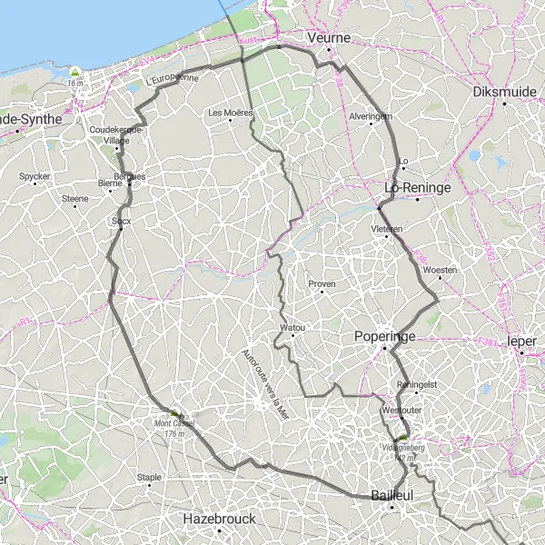 Map miniature of "The Flemish Hills" cycling inspiration in Nord-Pas de Calais, France. Generated by Tarmacs.app cycling route planner