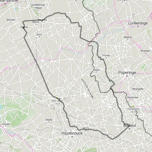 Miniature de la carte de l'inspiration cycliste "Merris - Berthen Cycling Route" dans la Nord-Pas de Calais, France. Générée par le planificateur d'itinéraire cycliste Tarmacs.app