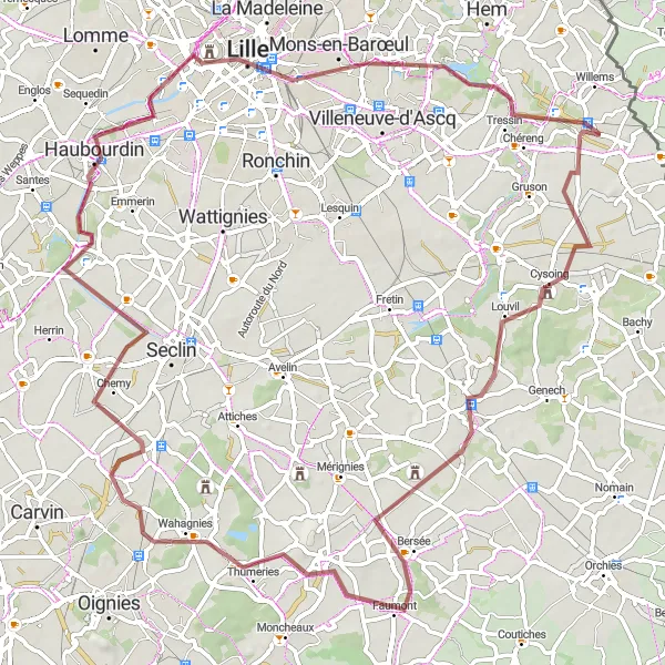Miniature de la carte de l'inspiration cycliste "La Campagne du Nord" dans la Nord-Pas de Calais, France. Générée par le planificateur d'itinéraire cycliste Tarmacs.app