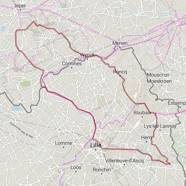 Miniature de la carte de l'inspiration cycliste "Les Monts de Flandre" dans la Nord-Pas de Calais, France. Générée par le planificateur d'itinéraire cycliste Tarmacs.app